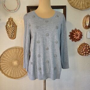 Talbots Gray 3/4 Sleeve Sweater with Beaded Polka Dot Embellishments Glam Preppy